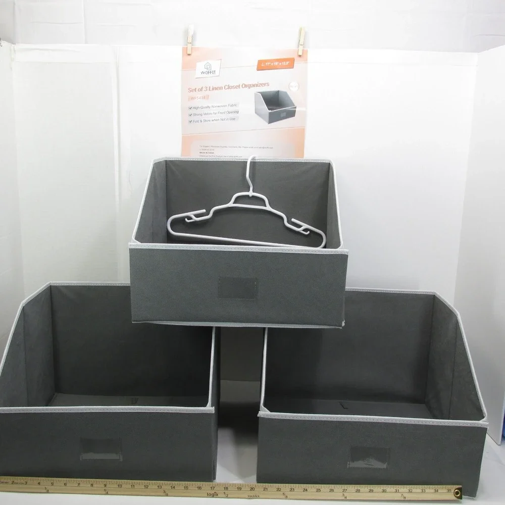 Woffit Set of 3 Linen Gray Closet Organizers 17 x 15 x 12.5